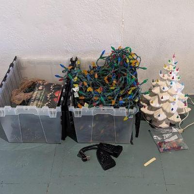 Lot #B160 - Cluster Lights, Colored Lights, Light Sensor Power Plug Timers, Vintage White Ceramic Christmas Tree