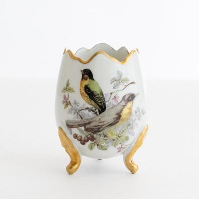 Limoges Porcelain Egg Cup with Bird and Floral Design