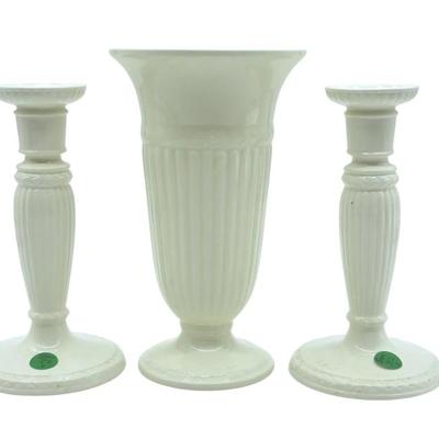 3 WEDGWOOD EDME VASE + CANDLESTICKS