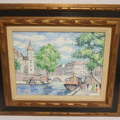 1205	OIL PAINTING ON CANVAS CONTINENTAL WATER WAY SCENE ARTIST SIGNED, APPROXIMATELY 21 IN X 25 IN OVERALL
