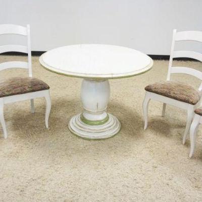 1125	COUNTRY STYLE DISTRESSED PAINT DECORATED NICHOLS & STONE 42 IN ROUND WOODLAND FURNITURE PEDESTAL TABLE W/4 CHAIRS, 3 SIDE &...