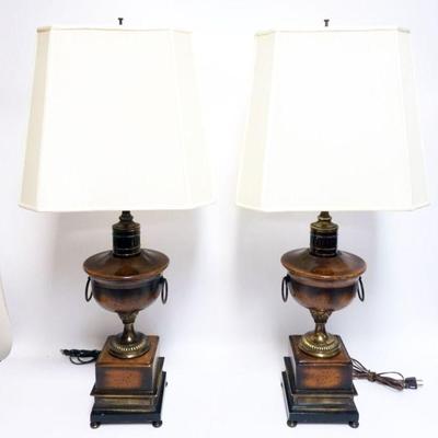 1186	PAIR OF FREDRICK COOPER TABLE LAMPS, WOOD & BRASS DOUBLE HANDLE URNS, EACH APPROXIMATELY 36 IN HIGH
