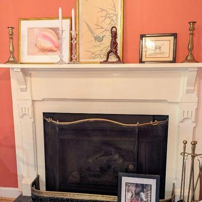 Vintage fireplace screen, bumper and tools set