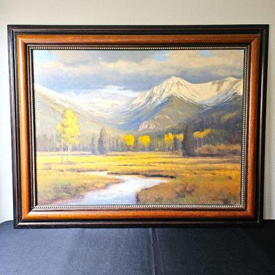 Oil on Canvas Wall Art Mountain Landscape Scene Signed by Unknown Artist - Framed 48" x 40"