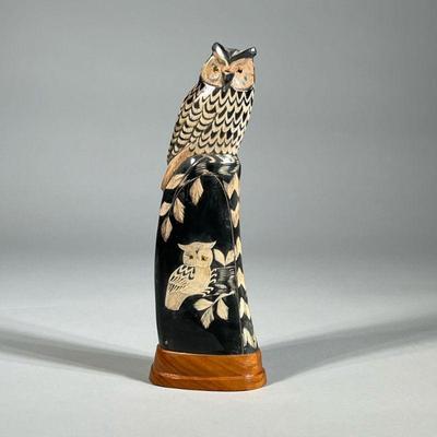 CARVED HORN OWL | Mounted animal horn with owl figurine carved onto top. - h. 110 x w. 2.5 x l. 4 in

