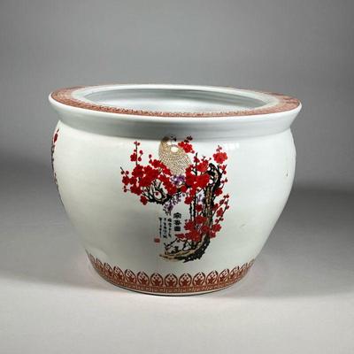 CHERRY BLOSSOM FISHBOWL PLANTER | Large Asian jardiniere or fishbowl planter decorated with cherry blossoms and white crane. - h. 10 x...