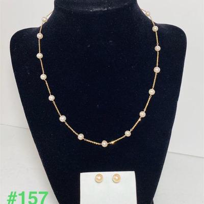 14K Yellow Gold Stationed Genuine Pearl Necklace and Earrings Set