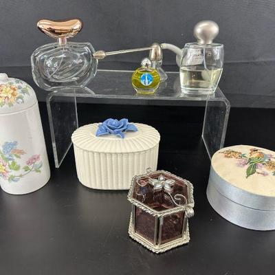 Lot of 8 vintage pretty perfume bottles powder box and containers