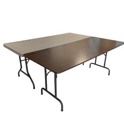 Lot #111 - Lot of Two 6ft Folding Tables - Brown Wood and Gray Plastic