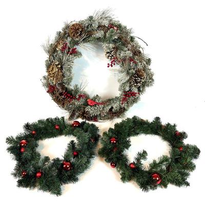 Lot #156 - Christmas Wreath Lot - Includes Pinecone Decorated Wreath and Two with Red Ornaments
