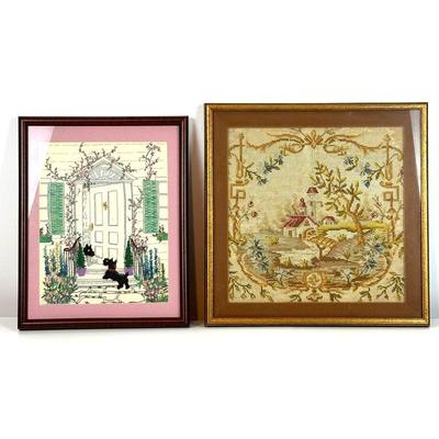 Lot #135 - Framed Embroidery & Needlepoint Art Lot - Two Unique Pieces Featuring Dogs and a Scenic Landscape.