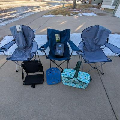 Lot #195 - Outdoor Lot - 3 Folding Chairs, Stadium Seat, Posture Seat, Cooler Bag, and Mosquito Zapper