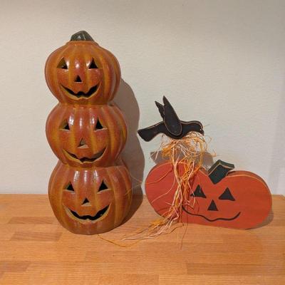 Lot #150 - Halloween Decorative Lot - Stacked Pumpkin and Wooden Pumpkin with Bird.