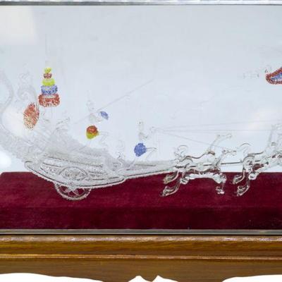 ASIAN HANDBLOWN GLASS CHARIOT WITH WARRIORS IN GLASS DISPLAY CASE