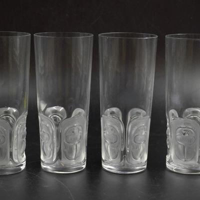 4 LALIQUE CRYSTAL KHEPRI 12 OZ HIGHBALL TUMBLERS