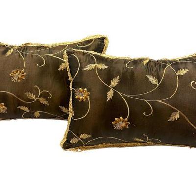 2 EMBROIDERED BROWN SILK PILLOWS