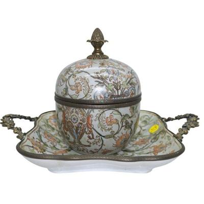 2 pc PORCELAIN METAL MOUNTED TRAY & BOX