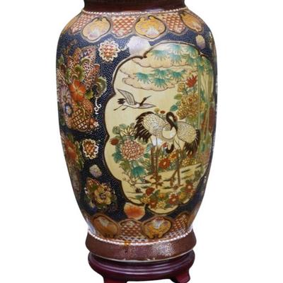 LARGE VINTAGE SATSUMA PORCELAIN VASE CRANES