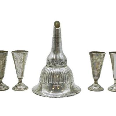 7 PC STERLING CORDIALS & SILVERPLATE TUDOR ROSE WINE FUNNEL