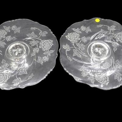 2 VINTAGE HEISEY ROSE ETCHED FOOTED SERVING PLATTERS