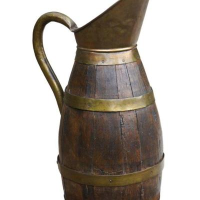 ANTIQUE BRASS & WOOD STAVED ALE PITCHER