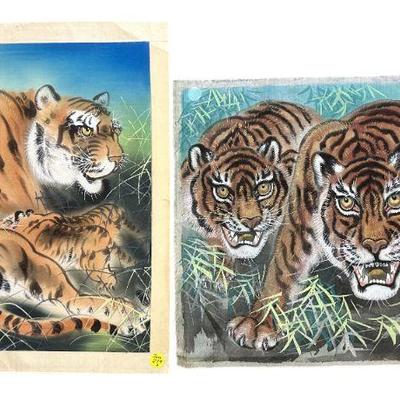 2 JAPANESE HAND PAINTED TIGERS ON SILK