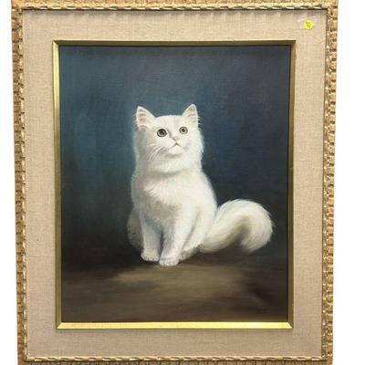 MID CENTURY WHITE CAT OIL ON CANVAS