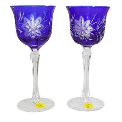2 VINTAGE COBALT CUT TO CLEAR BOHEMIAN CRYSTAL GLASSES