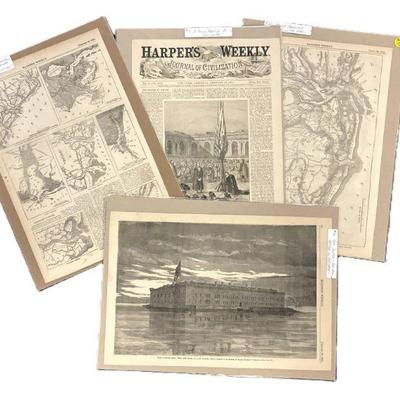 LOT OF 4 HARPER'S WEEKLY HISTORICAL MAPS & ARTICLES OF CHARLESTON, SC 1861-1863