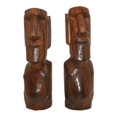 PAIR VINTAGE MCM MOAI RAPA NUI HAND CARVED WOODEN SCULPTURE