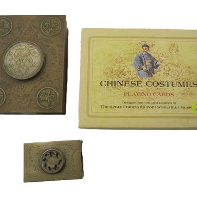 3 PC 1920s CHINESE BRONZE CIGARETTE & PLAYING CARDS