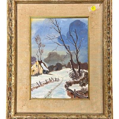 MID-CENTURY WINTER PAINTING ON BOARD