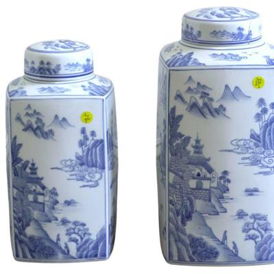 2 LARGE ANDREA BY SADEK BLUE & WHITE COVERED JARS