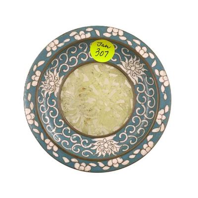 VINTAGE CHINESE CLOISONNE DISH WITH JADE INLAY