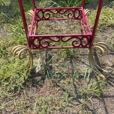 1090 Pair of Monumental Red & Gold Metal Garden Obelisks / Plant Stands