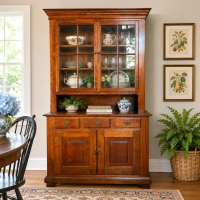 1311 Antique Cherry Two-Piece Step-Back China Cabinet with Original Glass