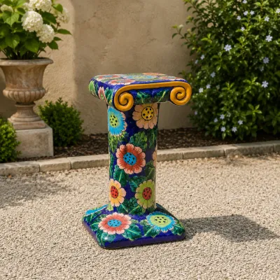 1093 Hand-Painted Floral Ceramic Garden Pedestal / Plant Stand
