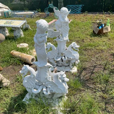 1091 Pair of Monumental Cherub & Winged Dragon Garden Sculptures