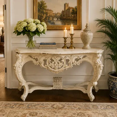 1280 Ornate French Rococo Style Carved Painted Console Table