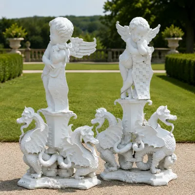 1091 Pair of Monumental Cherub & Winged Dragon Garden Sculptures