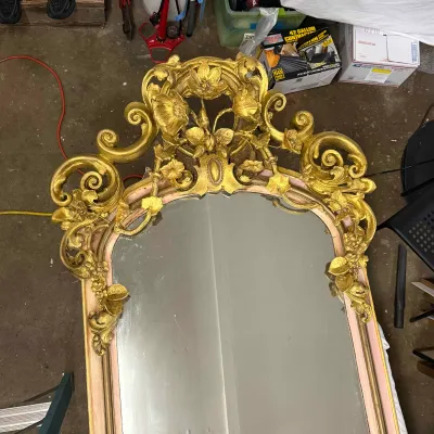 1606 Monumental French Rococo Revival Gilt & Pink Pier Mirror – Approx. 10 Ft.