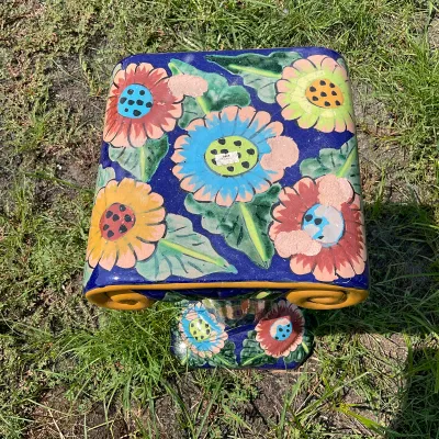 1093 Hand-Painted Floral Ceramic Garden Pedestal / Plant Stand