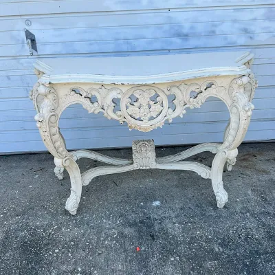 1280 Ornate French Rococo Style Carved Painted Console Table