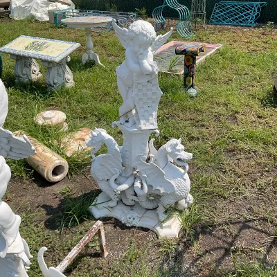 1091 Pair of Monumental Cherub & Winged Dragon Garden Sculptures