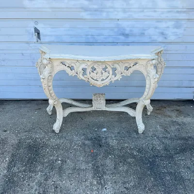 1280 Ornate French Rococo Style Carved Painted Console Table