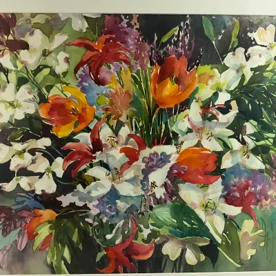 1310 Anne Lewis Jones Klinefelter Original Watercolor “Red Hot Dogwood with Relish”