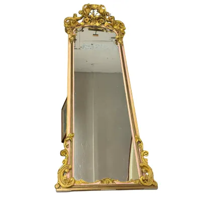 1606 Monumental French Rococo Revival Gilt & Pink Pier Mirror – Approx. 10 Ft.