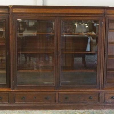 1124	ANTIQUE WALNUT VICTORIAN BOOKCASE W/STEPPED BACK SIDES OVER 4 DRAWERS, ONE DOOR GLASS MISSING ALONG W/LOSS TO SOME TRIM MOLDING,...