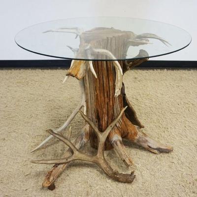 1154	GLASS TOP ADIRONDACK TABLE, APPROXIMATELY 36 IN X 31 IN HIGH
