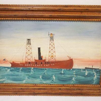 1085	NAUTICAL OIL PAINTING ON BOARD OF SHIP *44 NORTHWEST END 44* APPROXIMATELY 14 IN X 20 IN OVERALL
